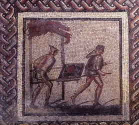 Gallorömische Kunst: Mosaikfußboden mit einem ländlichen Kalender. Szene des Misttransports. Ende des 2., Anfang des 3. Jahrhunderts n. Chr. Aus Saint-Romain-en-Gal (Saint Romain en Gal, Rhône). Saint-Germain-en-Laye, Nationalmuseum für Archäologie