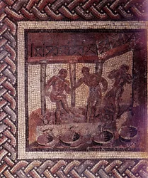 Gallorömische Kunst: Mosaikfußboden mit der Darstellung eines bäuerlichen Kalenders. Szene des Traubentretens in einem Bottich. Ende des 2., Anfang des 3. Jahrhunderts n. Chr. Aus Saint-Romain-en-Gal (Rhône). Saint-Germain-en-Laye, Nationalmuseum für