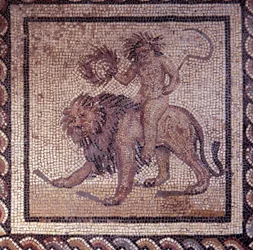 Gallorömische Kunst: Mosaikfußboden mit der Darstellung eines bäuerlichen Kalenders. Allegorie des Sommers mit einem Löwen. Ende des 2., Anfang des 3. Jahrhunderts n. Chr. Aus Saint-Romain-en-Gal (Rhône). Saint-Germain-en-Laye, Nationalmuseum für