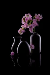 Dunkle Vasen, rosa Blumen