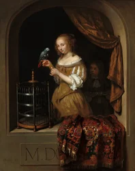 Eine Frau füttert einen Papagei, mit einem Pagen, 1666
