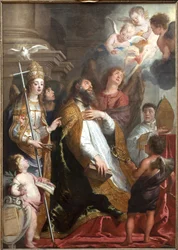 Der heilige Augustinus von Hippo in Ekstase. Der Heilige fiel beim Anblick eines brennenden geflügelten Herzens, das von Engeln umgeben war, in Ohnmacht. Links die Taube des Heiligen Geistes (Heiliger Geist). Flämische Kunst des 17. Jahrhunderts. Maße.