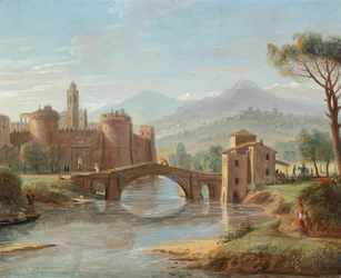 Flusslandschaft mit einer Brücke zu einer befestigten Stadt