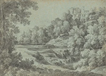Italienische Landschaft mit Befestigungen und einem Wasserfall