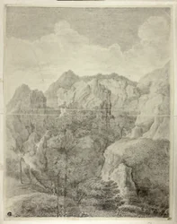 Berglandschaft mit zwei Figuren im Vordergrund