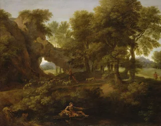 Landschaft mit einem Fischer, einem Schäfer und anderen Figuren