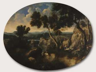 Felsige Landschaft mit Jägern, ca. 1635