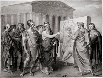 Der athenische Politiker Perikles (495-429 v. Chr.) und seine Gefährtin Aspasia leiten die Arbeiten von Phidias für das Parthenon in Athen (Stich nach einem Gemälde von Gaspare Landi)