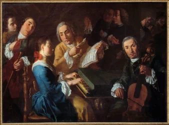 Das Konzert Ein Musiker am Cembalo und ein Cellist