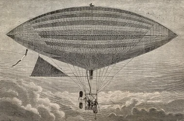 Elektrischer Ballon mit Propeller, ein Prototyp von Gaston (18473-1899) und Albert Tissandier (1839-1906), Paris, Frankreich, Gravur aus L