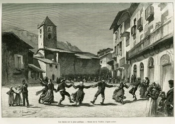 Tänze auf dem öffentlichen Platz. Gravur von G. Vuillier zur Illustration der Geschichte „Das Tal von Andorra“ von Gaston Vuillier, veröffentlicht in Le Tour du monde 1888