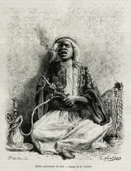 Porträt von Djohar, Gouverneur des Djof (Zusammenfassung von 7 oder 8 Dörfern, die in einem Abstand von 10 Minuten voneinander gebaut sind, in einer Linie), raucht Nargile. Gravur von G. Vuillier, um die Geschichte "Pilgerfahrt nach Nedjed, Wiege der arabi