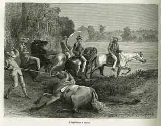Die Expedition zu Pferd zur Erkundung des Teralbe-Tals, Gravur nach einer Zeichnung von G. Vuillier, um die Geschichte De Cayenne aux Andes von Jules Crevaux, Arzt der französischen Marine, in 1878-1879 zu illustrieren, veröffentlicht in der Tour du monde