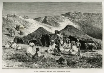 Die Nezla (Verwandte) meines Führers. Stich von G. Vuillier zur Illustration der algerischen Sahara von V. Largeau, 1874-1878, veröffentlicht in Le Tour du monde unter der Leitung von Édouard Charton (1807-1890)