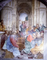 Diskussion Jesu mit den Doktoren im Tempel. Fresko von Gaudenzio Ferrari (1475 - 1546), Kirche Santa Maria delle Grazie, Varallo