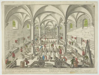 Per telecopium exhibitio partis inferioris armamentarii, Darstellung in Perspektive des unteren Teils eines Arsenals, um 1750