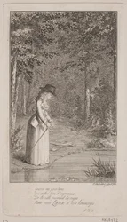 Eine junge Dame steht in einem Wald am Wasserufer