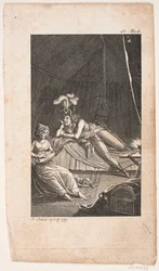 Illustration mit einer Dame, die Laute für einen Herrn in einem Zelt spielt