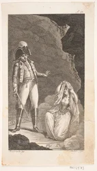 Illustration mit Offizier und kniender Dame