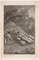 Liegende Frau mit Junge und Mädchen in einer Landschaft
