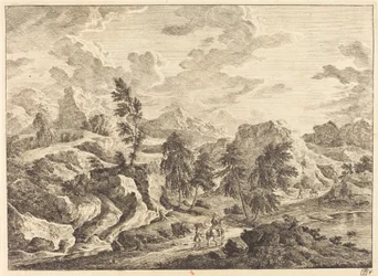 Landschaft mit aufgehender Sonne und einem Reiter mit Begleiter