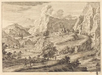 Gebirgige Landschaft mit Figuren und einem Kloster