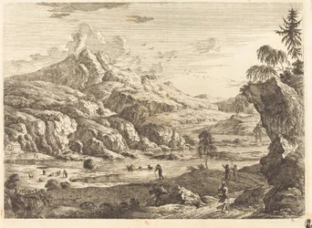 Gebirgige Flusslandschaft mit Figuren