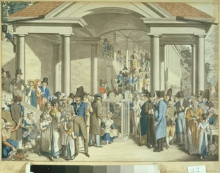 Gesundheitsgemeinschaft am Karlsbader Brunnen, 1810 (Aquatinta-Zeichnung)