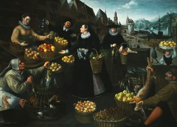Eine Allegorie des Herbstes: Ein Obst- und Gemüsestand über dem Weinmarkt in Frankfurt
