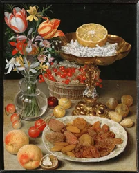 Stillleben mit Dessert und Blumenstrauß