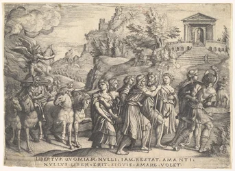 Triumph der Liebe: vier Pferde ziehen eine Kutsche mit Amor, der auf einer rauchenden Plattform steht, ca. 1539