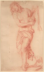 Ecce Homo. Stehender, leidender Christus mit Ruten und Knotenpeitsche sowie Dornenkrone auf dem Kopf