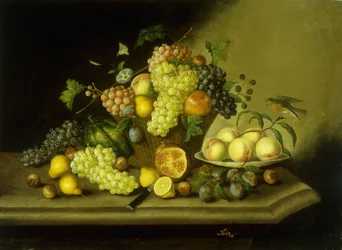 Stillleben mit einem Korb voller Trauben und gemischtem Obst auf einem Stein Sims