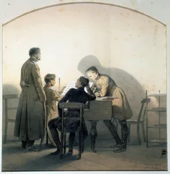 Am Klavier. Russische Soldaten spielen während des Krimkriegs Klavier. Gemälde von George Wilhelm Timm (1820-1895). 20,8 x 20,1 cm