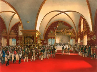 Krönungsbankett im Saal des Facettenpalastes im Moskauer Kreml, 1856.