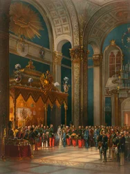 Huldigung der Kosakenoffiziere im Thronsaal, Krönung von Zar Alexander II., Moskau, 1856.