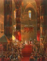 Der Metropolit macht bei der Krönungszeremonie von Zar Alexander II. in Moskau einen Kniefall, 1856.