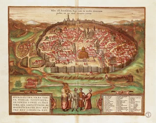 Israel und Palästina, Stadt Jerusalem, von Georg Braun und Franz Hogenberg, aus Civitates Orbis Terrarum, Farbstich