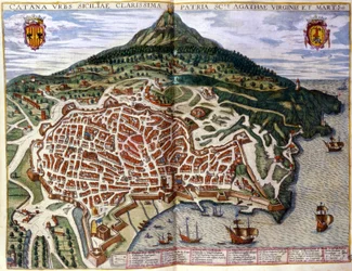 Ansicht von Catania und Ätna in Sizilien. Atlas von Braun & Hogenberg. 1585, Amsterdam.