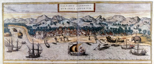 Ansicht von Kozhikode oder Calicut in Indien aus dem Atlas „Civitates Orbis Terrarum“ von Braun & Hogenberg
