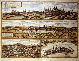 Ansicht der deutschen Städte Nürnberg und Ulm, Salzburg, Österreich. Gravur aus dem Atlas von „Braun und Hogenberg“ 1572