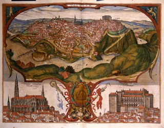 Ansicht der Stadt Toledo im 16. Jahrhundert. Gravur von George Braun in „Civitatis Orbis Terrarum“ Band I, geschrieben von Franz Hogenberg