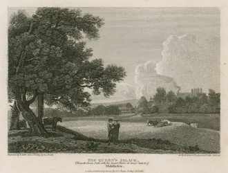 Buckingham House, der Palast der Königin, vom Green Park aus, mit dem Wachhaus am Story