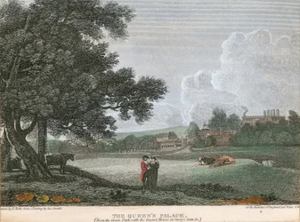 Der Palast der Königin, vom Green Park mit dem Wachhaus am Story