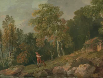 Bewaldete Landschaft mit einem Jungen und seinem Hund