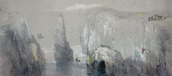 Ansicht von Flamborough Head, zeigt eine Gruppe von Männern beim Sammeln von Möweneiern