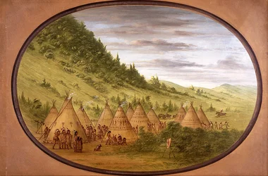 Ein Ojibwe-Dorf mit Zelten aus Tierhäuten