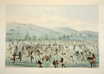 Ballspiel, aus Catlins Nordamerikanisches Indianer-Portfolio. Jagdszenen und Vergnügungen der Rocky Mountains und Prärien Amerikas, veröffentlicht 1845