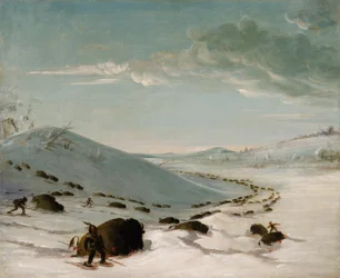 Büffeljagd im Winter, Indianer auf Schneeschuhen