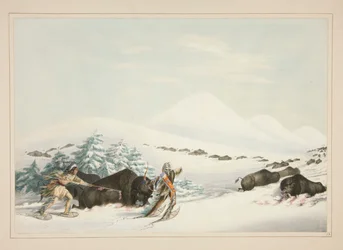 Büffeljagd auf Schneeschuhen, pl. 15 aus dem Nordamerikanischen Indianer-Portfolio